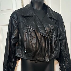 Fashion Nova Black Leather Moto Jacket with Fringe